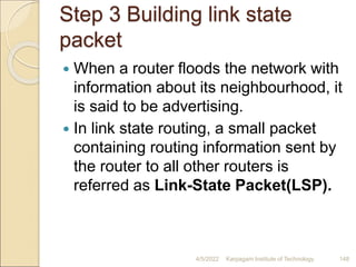 Step 3 Building link state
packet
 When a router floods the network with
information about its neighbourhood, it
is said to be advertising.
 In link state routing, a small packet
containing routing information sent by
the router to all other routers is
referred as Link-State Packet(LSP).
4/5/2022 Karpagam Institute of Technology 148
 