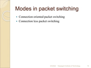 Modes in packet switching
 Connection oriented packet switching
 Connection less packet switching
4/5/2022 Karpagam Institute of Technology 18
 