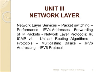 UNIT III
NETWORK LAYER
4/5/2022 Karpagam Institute of Technology 2
Network Layer Services – Packet switching –
Performance – IPV4 Addresses – Forwarding
of IP Packets - Network Layer Protocols: IP,
ICMP v4 – Unicast Routing Algorithms –
Protocols – Multicasting Basics – IPV6
Addressing – IPV6 Protocol.
 