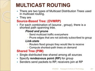 MULTICAST ROUTING
 There are two types of Multicast Distribution Trees used
in multicast routing.
 They are
Source-Based Tree: (DVMRP)
 For each combination of (source , group), there is a
shortest path spanning tree.
Flood and prune
 Send multicast traffic everywhere
 Prune edges that are not actively subscribed to group
Link-state
 Routers flood groups they would like to receive
 Compute shortest-path trees on demand
Shared Tree (PIM)
 Single distributed tree shared among all sources
 Specify rendezvous point (RP) for group
 Senders send packets to RP, receivers join at RP
4/5/2022 Karpagam Institute of Technology 201
 