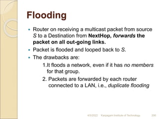 Flooding
 Router on receiving a multicast packet from source
S to a Destination from NextHop, forwards the
packet on all out-going links.
 Packet is flooded and looped back to S.
 The drawbacks are:
1.It floods a network, even if it has no members
for that group.
2. Packets are forwarded by each router
connected to a LAN, i.e., duplicate flooding
4/5/2022 Karpagam Institute of Technology 206
 