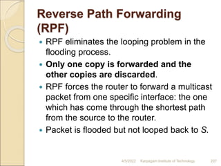 Reverse Path Forwarding
(RPF)
 RPF eliminates the looping problem in the
flooding process.
 Only one copy is forwarded and the
other copies are discarded.
 RPF forces the router to forward a multicast
packet from one specific interface: the one
which has come through the shortest path
from the source to the router.
 Packet is flooded but not looped back to S.
4/5/2022 Karpagam Institute of Technology 207
 