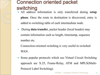 Connection oriented packet
switching
4/5/2022 Karpagam Institute of Technology 21
 All address information is only transferred during setup
phase. Once the route to destination is discovered, entry is
added to switching table of each intermediate node.
 During data transfer, packet header (local header) may
contain information such as length, timestamp, sequence
number etc.
Connection-oriented switching is very useful in switched
WAN.
 Some popular protocols which use Virtual Circuit Switching
approach are X.25, Frame-Relay, ATM and MPLS(Multi-
Protocol Label Switching).
 