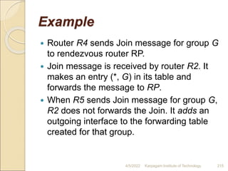 Example
 Router R4 sends Join message for group G
to rendezvous router RP.
 Join message is received by router R2. It
makes an entry (*, G) in its table and
forwards the message to RP.
 When R5 sends Join message for group G,
R2 does not forwards the Join. It adds an
outgoing interface to the forwarding table
created for that group.
4/5/2022 Karpagam Institute of Technology 215
 