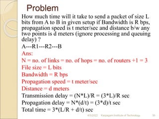 Problem
How much time will it take to send a packet of size L
bits from A to B in given setup if Bandwidth is R bps,
propagation speed is t meter/sec and distance b/w any
two points is d meters (ignore processing and queuing
delay) ?
A---R1---R2---B
Ans:
N = no. of links = no. of hops = no. of routers +1 = 3
File size = L bits
Bandwidth = R bps
Propagation speed = t meter/sec
Distance = d meters
Transmission delay = (N*L)/R = (3*L)/R sec
Propagation delay = N*(d/t) = (3*d)/t sec
Total time = 3*(L/R + d/t) sec
4/5/2022 Karpagam Institute of Technology 30
 