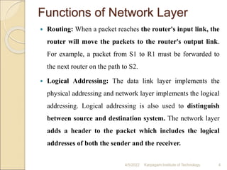 Functions of Network Layer
 Routing: When a packet reaches the router's input link, the
router will move the packets to the router's output link.
For example, a packet from S1 to R1 must be forwarded to
the next router on the path to S2.
 Logical Addressing: The data link layer implements the
physical addressing and network layer implements the logical
addressing. Logical addressing is also used to distinguish
between source and destination system. The network layer
adds a header to the packet which includes the logical
addresses of both the sender and the receiver.
4/5/2022 Karpagam Institute of Technology 4
 