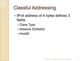 Classful Addressing
 IPv4 address of 4 bytes defines 3
fields.
Class Type
Network ID(Netid)
HostID
4/5/2022 Karpagam Institute of Technology 47
 