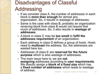 Disadvantages of Classful
Addressing
 If we consider class A, the number of addresses in each
block is more than enough for almost any
organization. So, it results in wastage of addresses.
 Same is the case with class B, probably an organization
receiving block from class B would not require that
much of addresses. So, it also results in wastage of
addresses.
 A block in class C may be too small to fulfil the
addresses requirement of an organization.
 Each address in class D defines a group of hosts. Hosts
need to multicast the address. So, the addresses are
wasted here too.
 Addresses of class E are reserved for the future
purpose which is also wastage of addresses.
 The main issue here is; we are not
assigning addresses according to user requirements.
We directly assign a block of a fixed size which has
a fixed number of addresses which leads to wastage
of address. 4/5/2022 Karpagam Institute of Technology 62
 