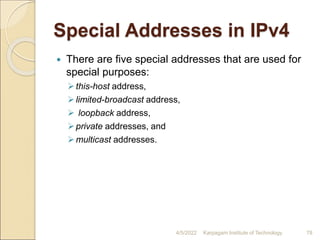 Special Addresses in IPv4
 There are five special addresses that are used for
special purposes:
this-host address,
limited-broadcast address,
 loopback address,
private addresses, and
multicast addresses.
4/5/2022 Karpagam Institute of Technology 78
 