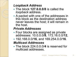 Loopback Address
 The block 127.0.0.0/8 is called the
loopback address.
 A packet with one of the addresses in
this block as the destination address
never leaves the host; it will remain in
the host.
Private Addresses
 Four blocks are assigned as private
addresses: 10.0.0.0/8, 172.16.0.0/12,
 192.168.0.0/16, and 169.254.0.0/16.
Multicast Addresses
 The block 224.0.0.0/4 is reserved for
multicast addresses.
4/5/2022 Karpagam Institute of Technology 81
 