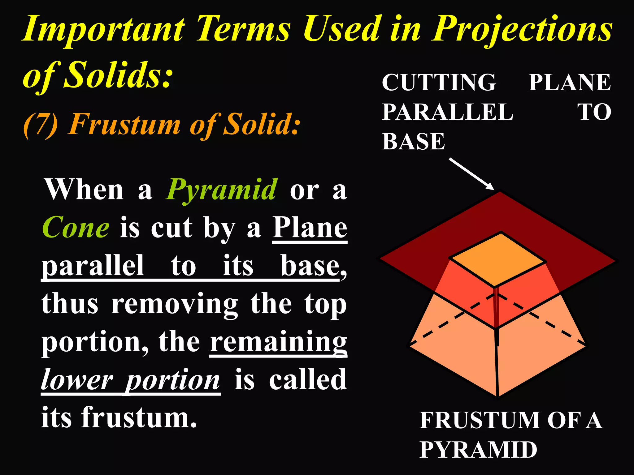 Important Terms Used in Projections
of Solids:
(7) Frustum of Solid:
When a Pyramid or a
Cone is cut by a Plane
parallel to its base,
thus removing the top
portion, the remaining
lower portion is called
its frustum. FRUSTUM OF A
PYRAMID
CUTTING PLANE
PARALLEL TO
BASE
 