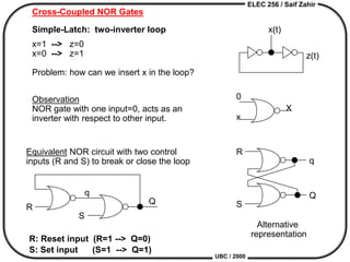 ELEC 256 / Saif Zahir
UBC / 2000
Cross-Coupled NOR Gates
Observation
NOR gate with one input=0, acts as an
inverter with respect to other input.
0
x
X
x(t)
z(t)
x=1 --> z=0
x=0 --> z=1
Problem: how can we insert x in the loop?
Simple-Latch: two-inverter loop
q
Q
R
S
Equivalent NOR circuit with two control
inputs (R and S) to break or close the loop
R: Reset input (R=1 --> Q=0)
S: Set input (S=1 --> Q=1)
q
Q
R
S
Alternative
representation
 