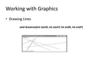 Working with Graphics
• Drawing Lines
void drawLine(int startX, int startY, int endX, int endY)
 