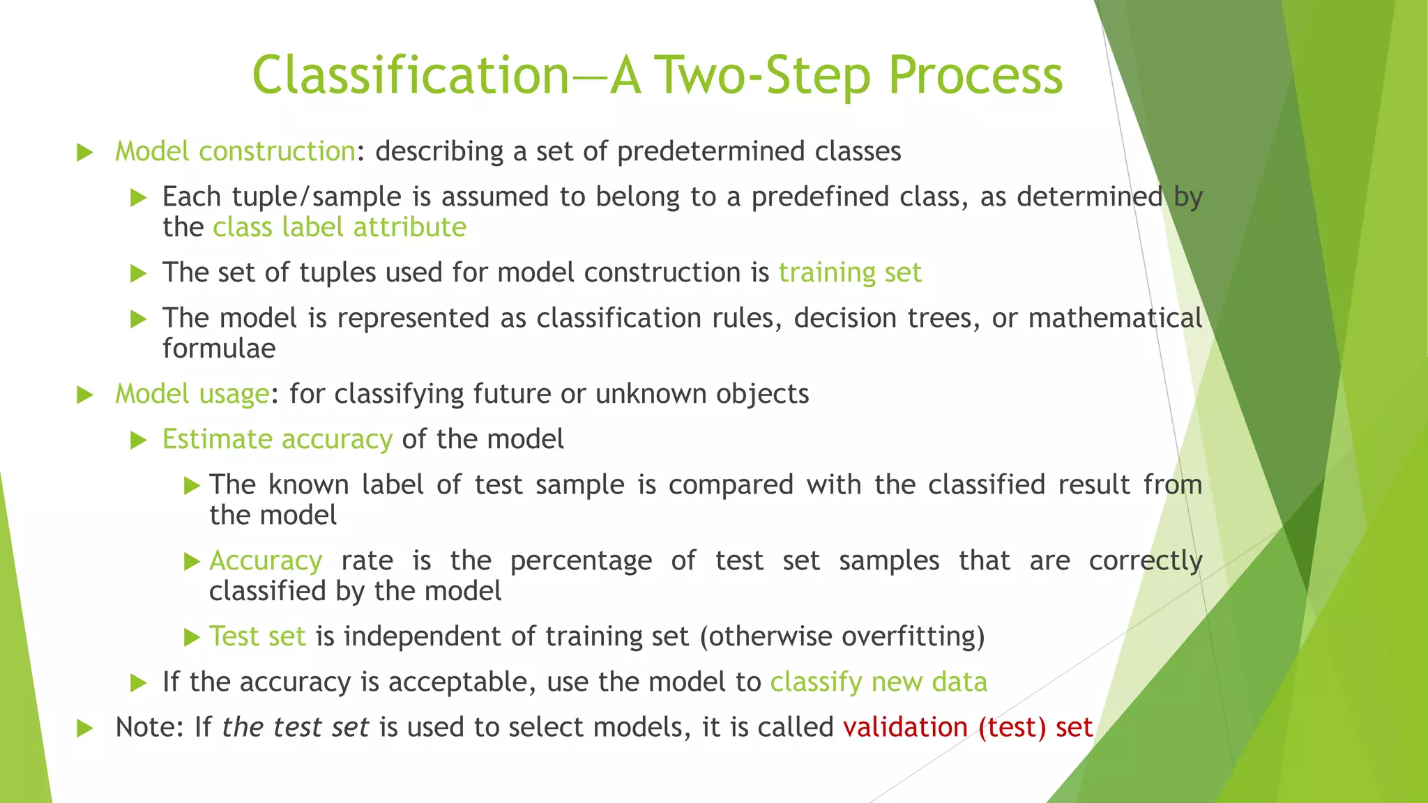 Classification—A Two-Step Process
 Model construction: describing a set of predetermined classes
 Each tuple/sample is assumed to belong to a predefined class, as determined by
the class label attribute
 The set of tuples used for model construction is training set
 The model is represented as classification rules, decision trees, or mathematical
formulae
 Model usage: for classifying future or unknown objects
 Estimate accuracy of the model
 The known label of test sample is compared with the classified result from
the model
 Accuracy rate is the percentage of test set samples that are correctly
classified by the model
 Test set is independent of training set (otherwise overfitting)
 If the accuracy is acceptable, use the model to classify new data
 Note: If the test set is used to select models, it is called validation (test) set
 