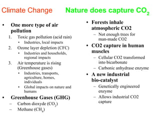• One more type of air
pollution
1. Toxic gas pollution (acid rain)
• Industries, local impacts
2. Ozone layer depletion (CFC)
• Industries and households,
regional impacts
3. Air temperature is rising
(Greenhouse gases)
• Industries, transports,
agriculture, homes,
individuals
• Global impacts on nature and
humans
• Greenhouse Gases (GHG)
– Carbon dioxyde (CO2
)
– Methane (CH4
)
• Forests inhale
atmospheric CO2
– Not enough trees for
man-made CO2
• CO2 capture in human
muscles
– Cellular CO2 transformed
into bicarbonate
– Carbonic anhydrase enzyme
• A new industrial
bio-catalyst
– Genetically engineered
enzyme
– Allows industrial CO2
capture
Climate Change Nature does capture CO2
 