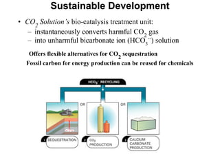 Sustainable Development
• CO2
Solution’s bio-catalysis treatment unit:
– instantaneously converts harmful CO2
gas
– into unharmful bicarbonate ion (HCO3
--
) solution
Offers flexible alternatives for CO
2
sequestration
Fossil carbon for energy production can be reused for chemicals
 