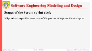 Software Engineering Modeling and Design
Stages of the Scrum sprint cycle
Sprint retrospective -Areview of the process to improve the next sprint
Agile Development Process Mr. N. L. Shelake Department of Information Technology
 