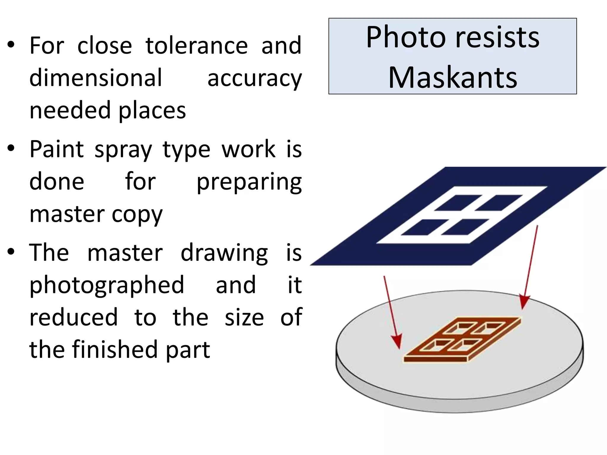 Photo resists
Maskants
• For close tolerance and
dimensional accuracy
needed places
• Paint spray type work is
done for preparing
master copy
• The master drawing is
photographed and it
reduced to the size of
the finished part
 
