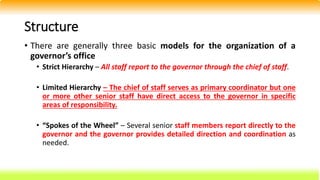 Structure
• There are generally three basic models for the organization of a
governor’s office
• Strict Hierarchy – All staff report to the governor through the chief of staff.
• Limited Hierarchy – The chief of staff serves as primary coordinator but one
or more other senior staff have direct access to the governor in specific
areas of responsibility.
• “Spokes of the Wheel” – Several senior staff members report directly to the
governor and the governor provides detailed direction and coordination as
needed.
 