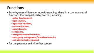 Functions
• State-by-state differences notwithstanding, there is a common set of
functions that support each governor, including
• policy development,
• legal counsel,
• legislative relations,
• communications,
• appointments,
• Scheduling,
• intergovernmental relations,
• emergency management/homeland security,
• and administrative support
• for the governor and his or her spouse
 