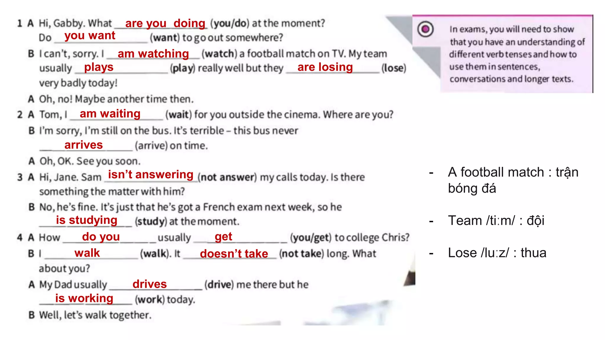 - A football match : trận
bóng đá
- Team /tiːm/ : đội
- Lose /luːz/ : thua
are you doing
you want
am watching
plays are losing
am waiting
arrives
isn’t answering
is studying
do you get
walk doesn’t take
drives
is working
 