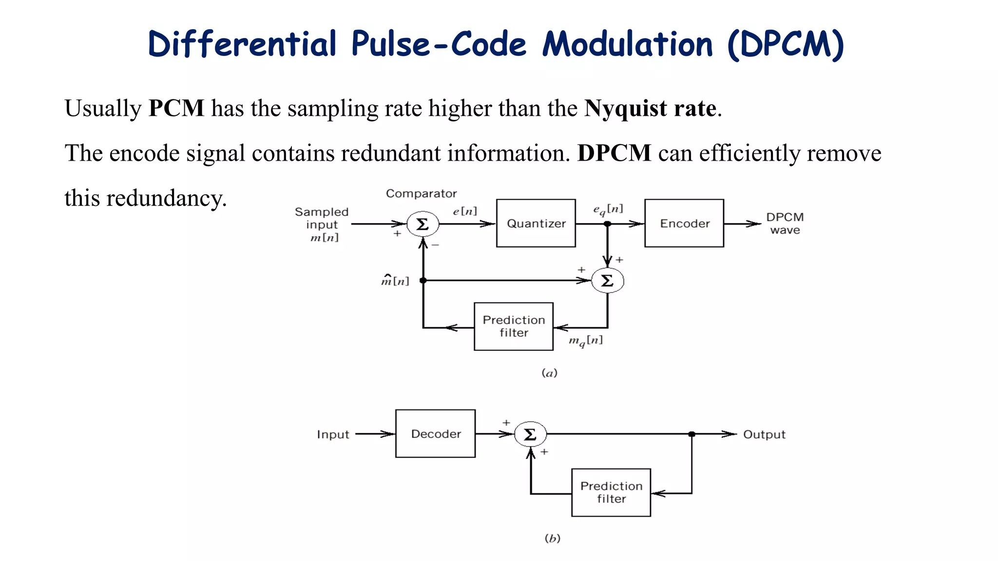 Differential Pulse-Code Modulation (DPCM)
Usually PCM has the sampling rate higher than the Nyquist rate.
The encode signal contains redundant information. DPCM can efficiently remove
this redundancy.
 
