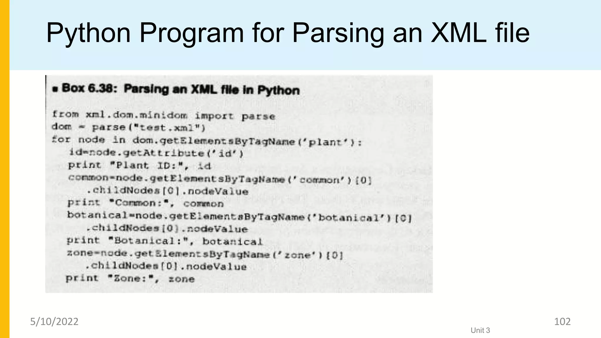 Python Program for Parsing an XML file
Unit 3
5/10/2022 102
 
