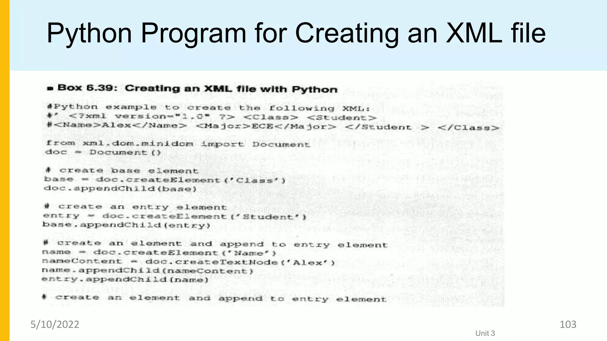 Python Program for Creating an XML file
Unit 3
5/10/2022 103
 