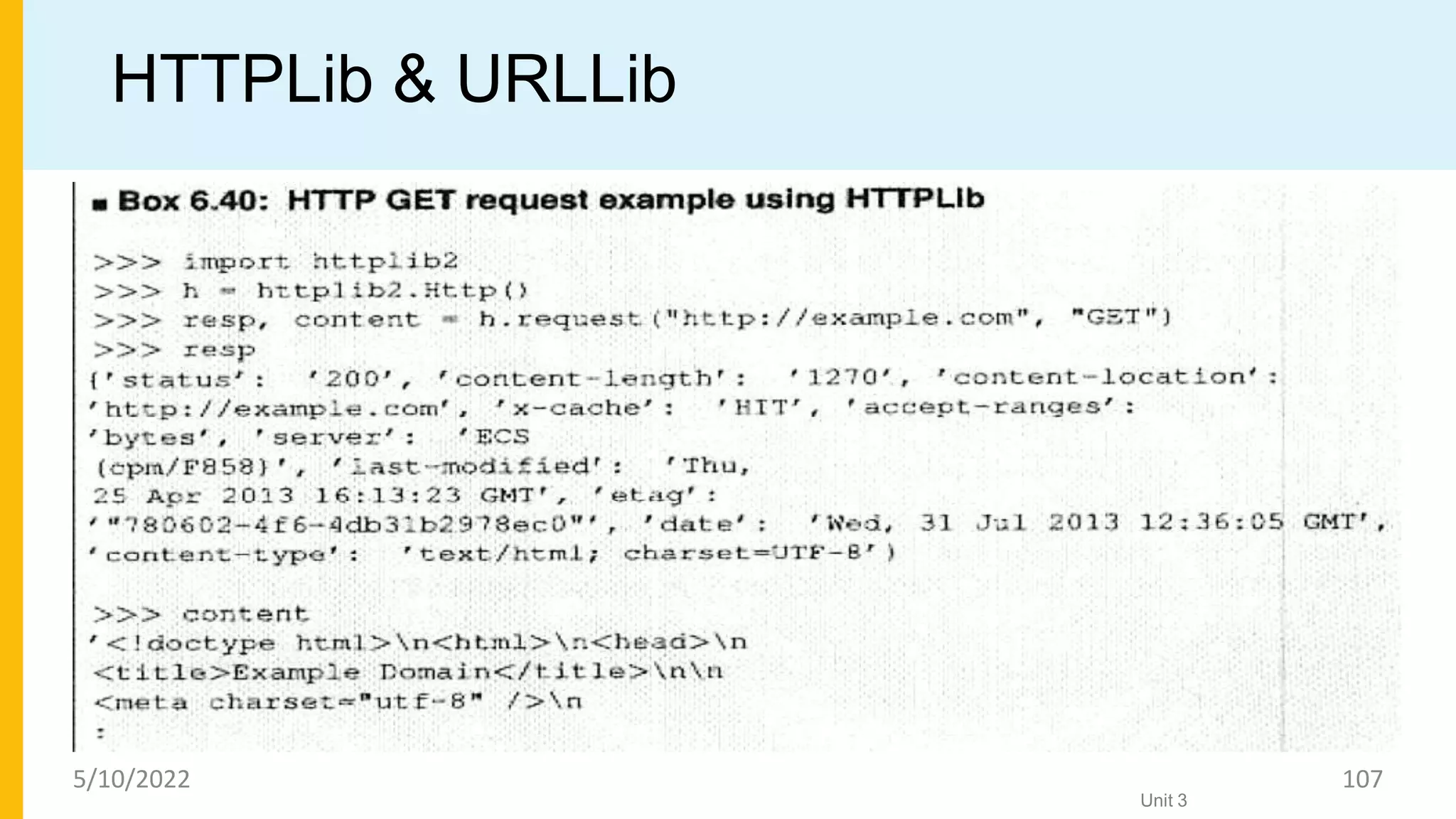 HTTPLib & URLLib
Unit 3
5/10/2022 107
 