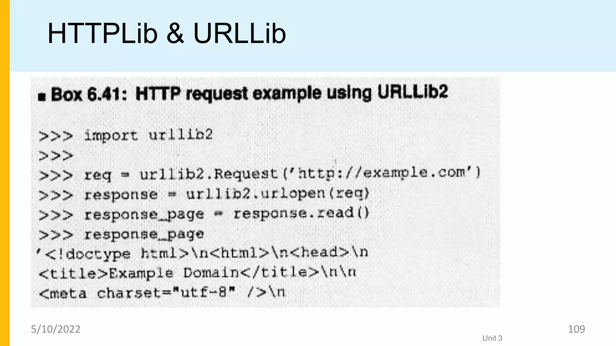 HTTPLib & URLLib
Unit 3
5/10/2022 109
 