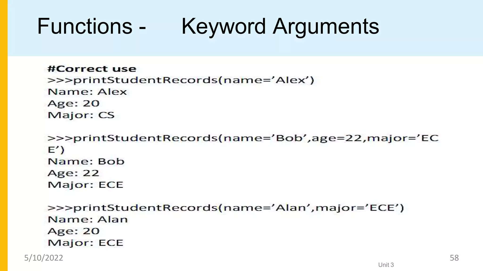 Functions - Keyword Arguments
Unit 3
5/10/2022 58
 