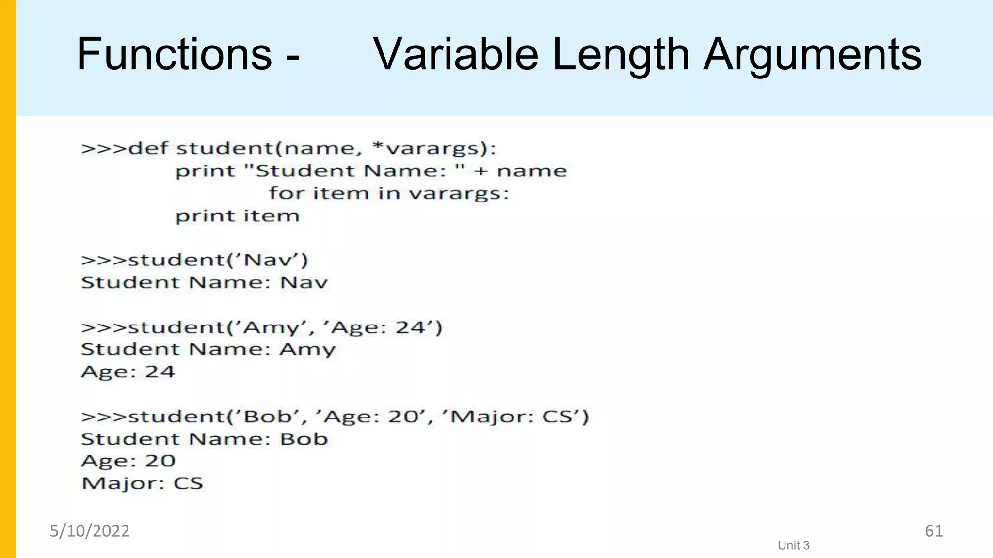 Functions - Variable Length Arguments
Unit 3
5/10/2022 61
 