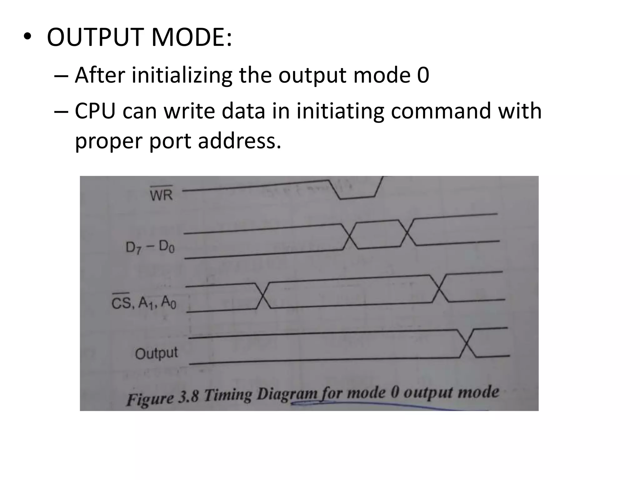• OUTPUT MODE:
– After initializing the output mode 0
– CPU can write data in initiating command with
proper port address.
 