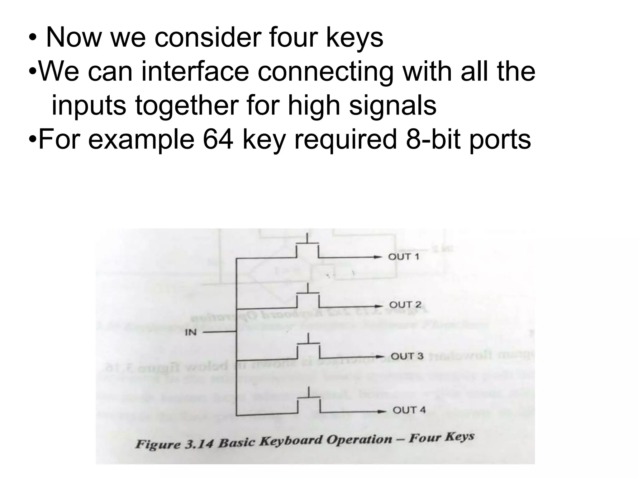 • Now we consider four keys
•We can interface connecting with all the
inputs together for high signals
•For example 64 key required 8-bit ports
 