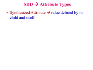 SDD  Attribute Types
• Synthesized Attribute value defined by its
child and itself
 