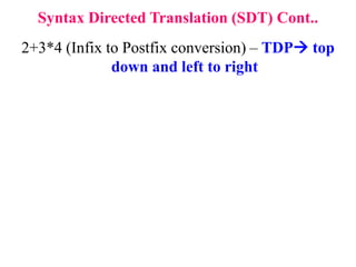 2+3*4 (Infix to Postfix conversion) – TDP top
down and left to right
Syntax Directed Translation (SDT) Cont..
 