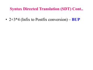• 2+3*4 (Infix to Postfix conversion) – BUP
Syntax Directed Translation (SDT) Cont..
 