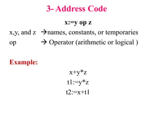 3- Address Code
x:=y op z
x,y, and z names, constants, or temporaries
op  Operator (arithmetic or logical )
Example:
x+y*z
t1:=y*z
t2:=x+t1
 