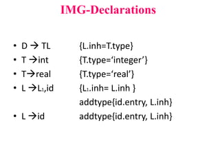 • D  TL {L.inh=T.type}
• T int {T.type=‘integer’}
• Treal {T.type=‘real’}
• L L1,id {L1.inh= L.inh }
addtype{id.entry, L.inh}
• L id addtype{id.entry, L.inh}
IMG-Declarations
 