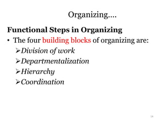 Organizing….
Functional Steps in Organizing
• The four building blocks of organizing are:
Division of work
Departmentalization
Hierarchy
Coordination
14
 