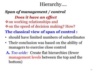 Hierarchy….
Span of management / control
Does it have an effect
on working relationships and
on the speed of decision making? How?
The classical view of span of control :
• should have limited numbers of subordinates
• Their conclusion was based on the ability of
managers to exercise close control
A. Too wide: Create flat hierarchies (fewer
management levels between the top and the
bottom)
20
 