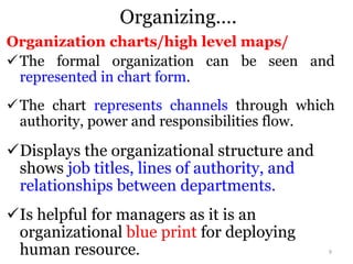 Organizing….
Organization charts/high level maps/
The formal organization can be seen and
represented in chart form.
The chart represents channels through which
authority, power and responsibilities flow.
Displays the organizational structure and
shows job titles, lines of authority, and
relationships between departments.
Is helpful for managers as it is an
organizational blue print for deploying
human resource. 9
 