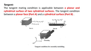 Tangent:
The tangent mating condition is applicable between a planar and
cylindrical surface of two cylindrical surfaces. The tangent condition
between a planar face (Part A) and a cylindrical surface (Part B) .
 