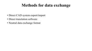 Methods for data exchange
• Direct CAD system export/import
• Direct translation software
• Neutral data exchange format
 