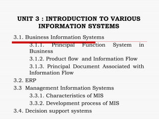UNIT 3 : INTRODUCTION TO VARIOUS
INFORMATION SYSTEMS
3.1. Business Information Systems
3.1.1. Principal Function System in
Business
3.1.2. Product flow and Information Flow
3.1.3. Principal Document Associated with
Information Flow
3.2. ERP
3.3 Management Information Systems
3.3.1. Characteristics of MIS
3.3.2. Development process of MIS
3.4. Decision support systems
 