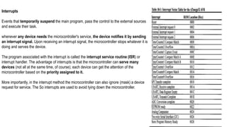 Interrupts
Events that temporarily suspend the main program, pass the control to the external sources
and execute their task.
whenever any device needs the microcontroller's service, the device notifies it by sending
an interrupt signal. Upon receiving an interrupt signal, the microcontroller stops whatever it is
doing and serves the device.
The program associated with the interrupt is called the interrupt service routine (ISR) or
interrupt handler. The advantage of interrupts is that the microcontroller can serve many
devices (not all at the same time, of course); each device can get the attention of the
microcontroller based on the priority assigned to it.
More importantly, in the interrupt method the microcontroller can also ignore (mask) a device
request for service. The So interrupts are used to avoid tying down the microcontroller.
 