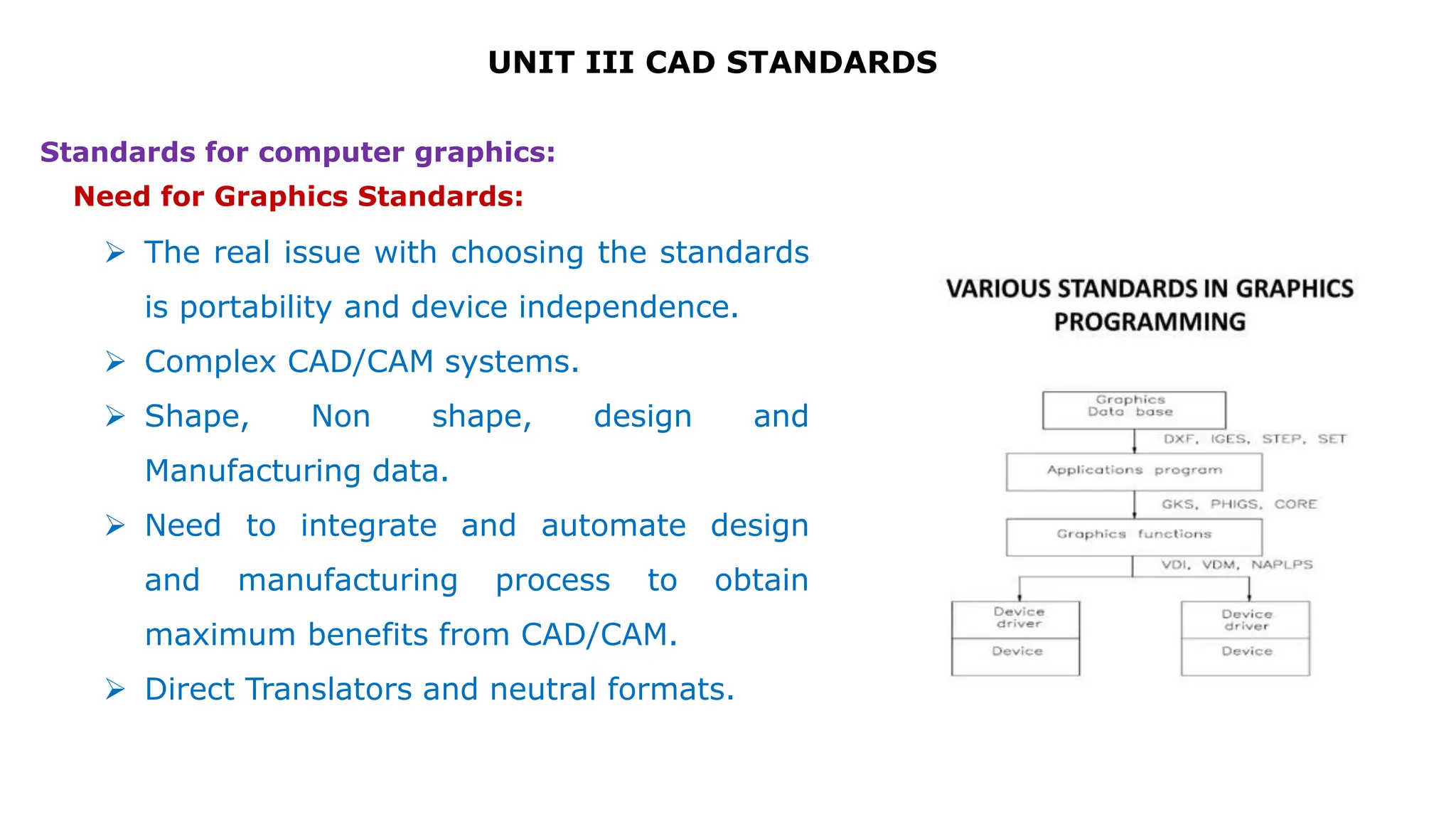 UNIT III CAD STANDARDS
 The real issue with choosing the standards
is portability and device independence.
 Complex CAD/CAM systems.
 Shape, Non shape, design and
Manufacturing data.
 Need to integrate and automate design
and manufacturing process to obtain
maximum benefits from CAD/CAM.
 Direct Translators and neutral formats.
Standards for computer graphics:
Need for Graphics Standards:
 