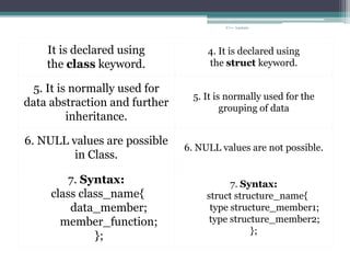 It is declared using
the class keyword.
4. It is declared using
the struct keyword.
5. It is normally used for
data abstraction and further
inheritance.
5. It is normally used for the
grouping of data
6. NULL values are possible
in Class.
6. NULL values are not possible.
7. Syntax:
class class_name{
data_member;
member_function;
};
7. Syntax:
struct structure_name{
type structure_member1;
type structure_member2;
};
C++ Lecture
 