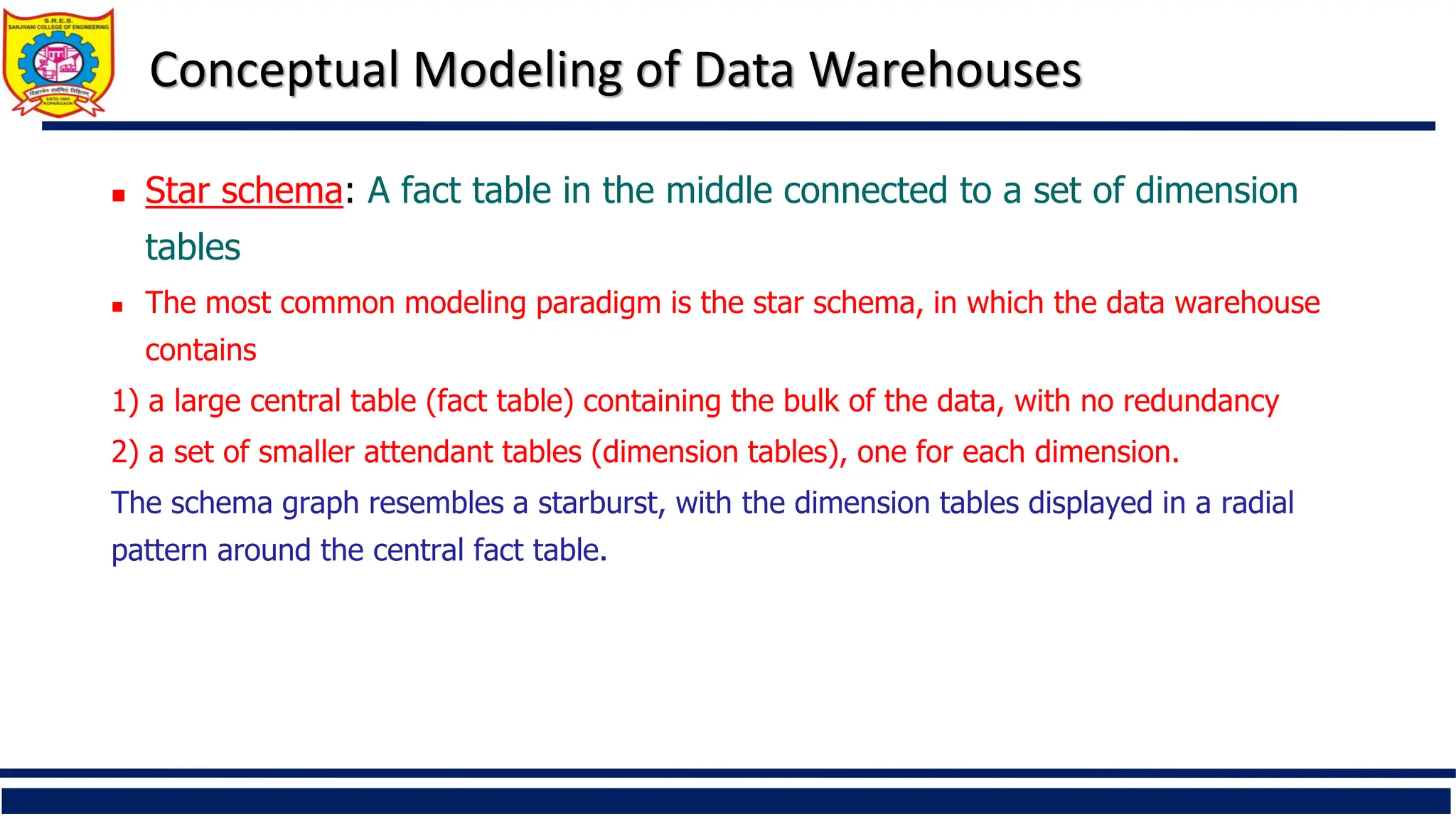 Conceptual Modeling of Data Warehouses
 Star schema: A fact table in the middle connected to a set of dimension
tables
 The most common modeling paradigm is the star schema, in which the data warehouse
contains
1) a large central table (fact table) containing the bulk of the data, with no redundancy
2) a set of smaller attendant tables (dimension tables), one for each dimension.
The schema graph resembles a starburst, with the dimension tables displayed in a radial
pattern around the central fact table.
 