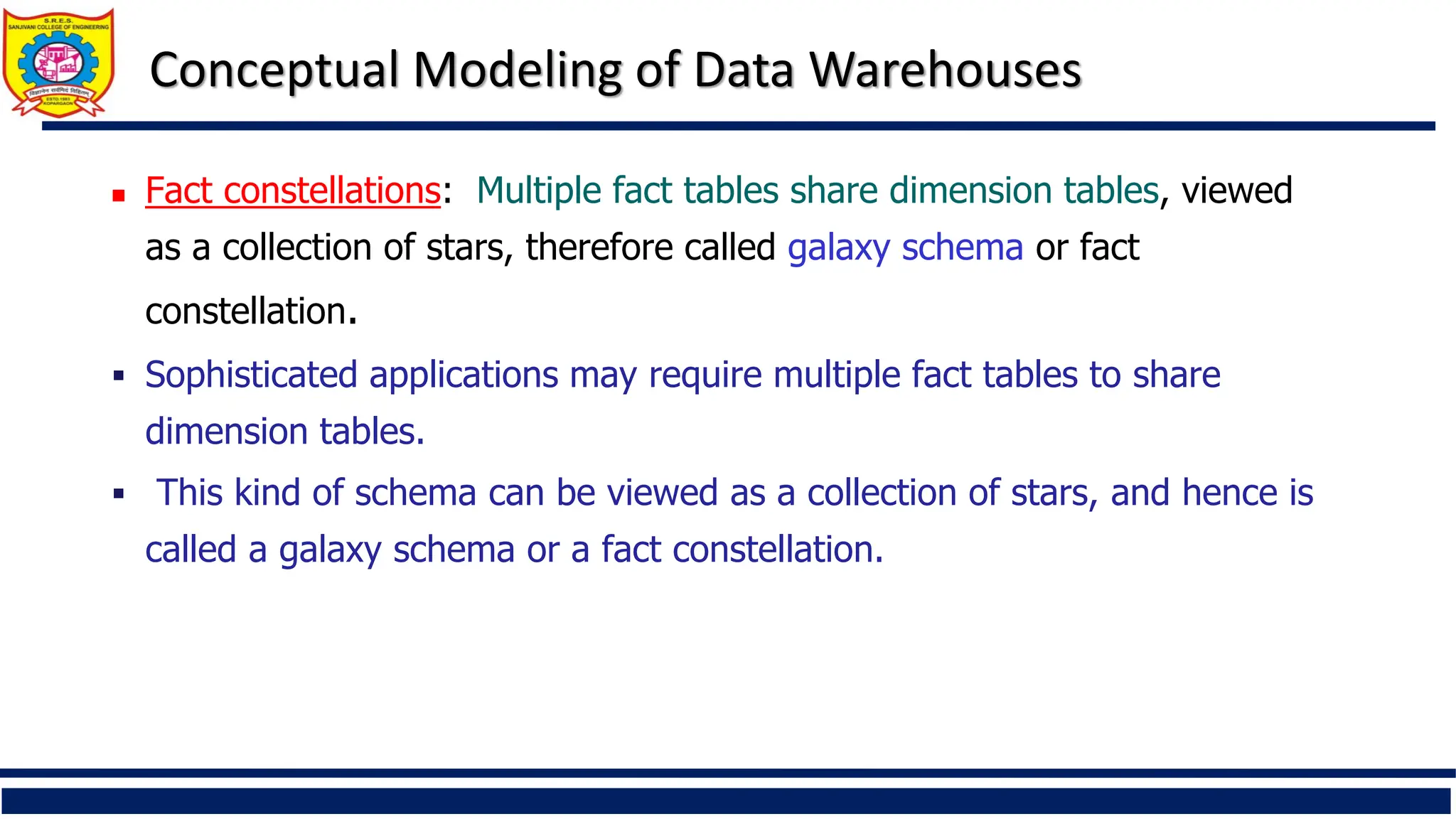 Conceptual Modeling of Data Warehouses
 Fact constellations: Multiple fact tables share dimension tables, viewed
as a collection of stars, therefore called galaxy schema or fact
constellation.
 Sophisticated applications may require multiple fact tables to share
dimension tables.
 This kind of schema can be viewed as a collection of stars, and hence is
called a galaxy schema or a fact constellation.
 